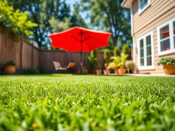 Backyard artificial grass lawn with red umbrella and patio