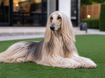 Best artificial grass for dogs. Afghan Hound laying on synthetic turf lawn.