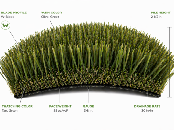 Diamond Supreme Fescue artificial grass by Tigerturf (SGW) 2.5-inch pile height and 85 oz/yd² face weight, featuring polyethylene yarn with W-Blade-shaped blades and 27 oz/yd² polypropylene backing.
