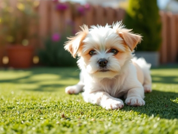 Small cut white dog on synthetic turf, residential backyard.
