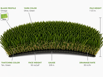 Everglade Fescue Light artificial grass by TigerTurf (SGW). 1.5-inch pile height and 50 oz/yd² face weight, featuring polyethylene yarn with Omega-shaped blades and 27 oz/yd² polypropylene backing.