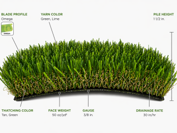 Everglade Spring Light artificial grass by TigerTurf (SGW), 1.5-inch pile height and 50 oz/yd² face weight, featuring polyethylene yarn with Omega-shaped blades and 27 oz/yd² polypropylene backing.