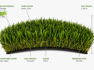 Everglade Spring Pro artificial turf by TigerTurf (SGW). 1.75-inch pile height and 75 oz/yd² face weight, featuring polyethylene yarn with Omega-shaped blades and 27 oz/yd² polypropylene backing.