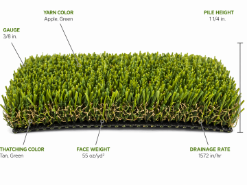 K9 Pro synthetic turf by WinterGreen artificial grass brand with specifications. 1.25-inch pile height and 55 oz/yd² face weight, featuring polypropylene yarn and 11 oz/yd² polypropylene backing.