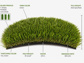 Lush - artificial grass by TigerTurf (SGW). 2-inch pile height and 85 oz/yd² face weight, featuring polyethylene yarn with C, W-Blade, Lens (Oval)-shaped blades and 27 oz/yd² polypropylene backing.