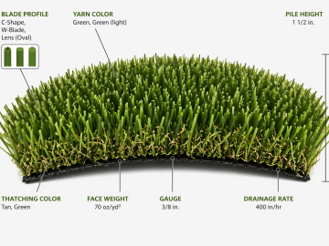 Lush Light artificial turf by TigerTurf. 1.5-inch pile height and 70 oz/yd² face weight, featuring polyethylene yarn with C, W-Blade, Lens (Oval)-shaped blades and 27 oz/yd² polypropylene and polyester backing.
