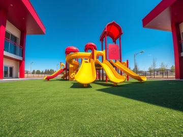 Playground with green turf surface and colorful slides