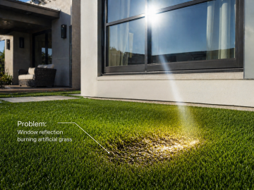 Artificial grass damage caused by window reflection heat concentration