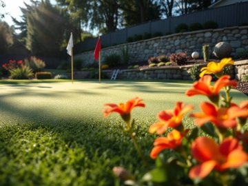 Backyard putting green with flag and flower accents
