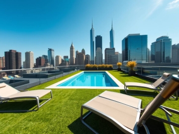 Rooftop pool with synthetic turf lawn and skyline seating area