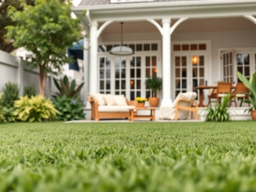 Backyard lawn with patio seating and landscaped garden in residential home setting