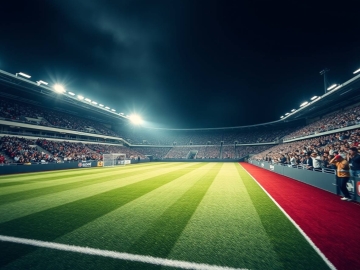 Artificial turf sports field in stadium with striped pattern