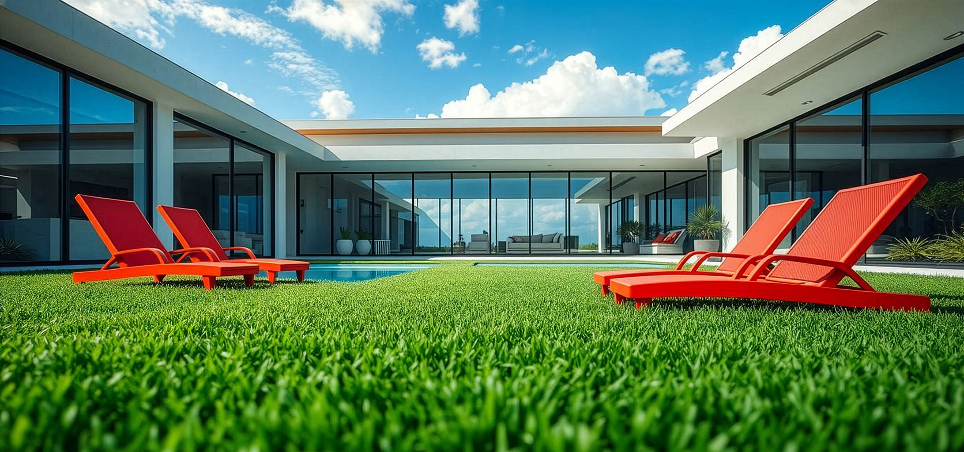 Luxury home backyard with artificial turf, poolside red loungers and low-angle grass detail