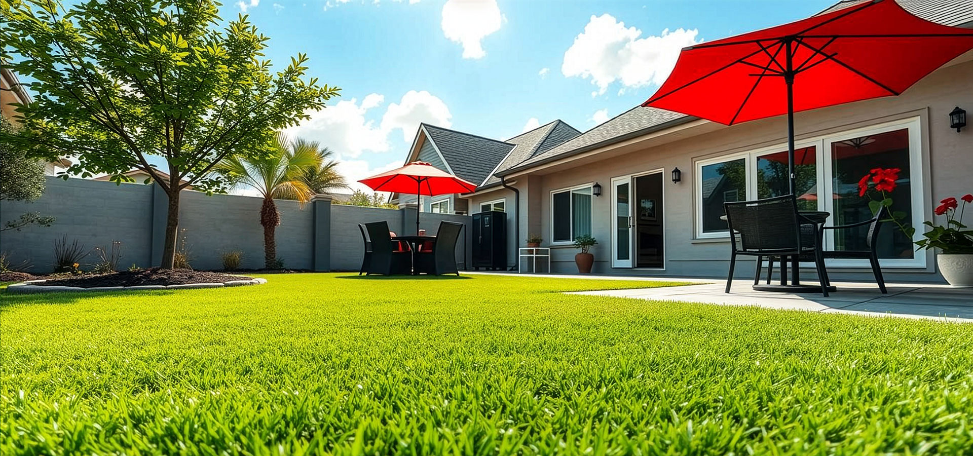 Residential lawn with synthetic grass, red umbrella patio setup and bright sunny landscape