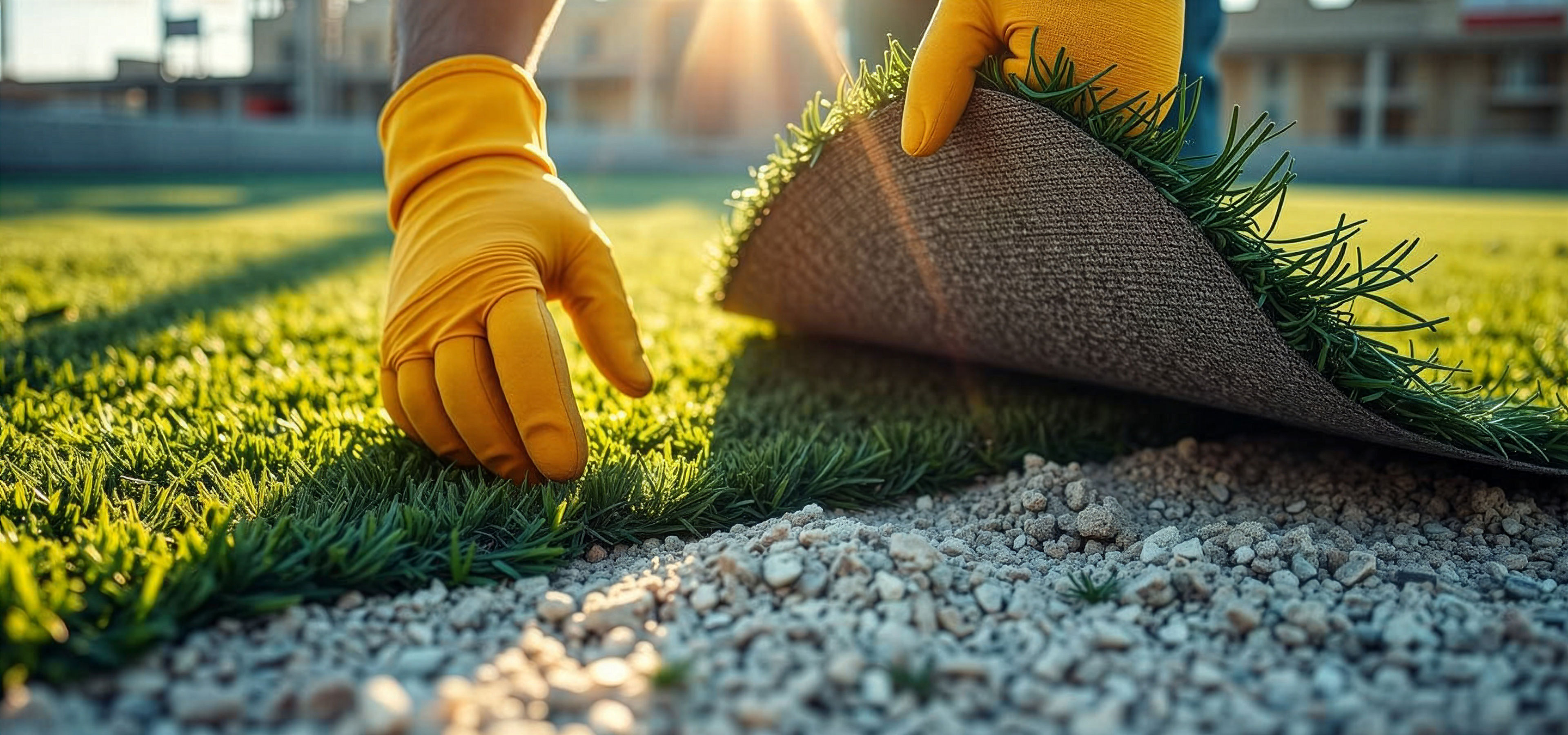 Artificial grass installation, yellow gloves, subbase